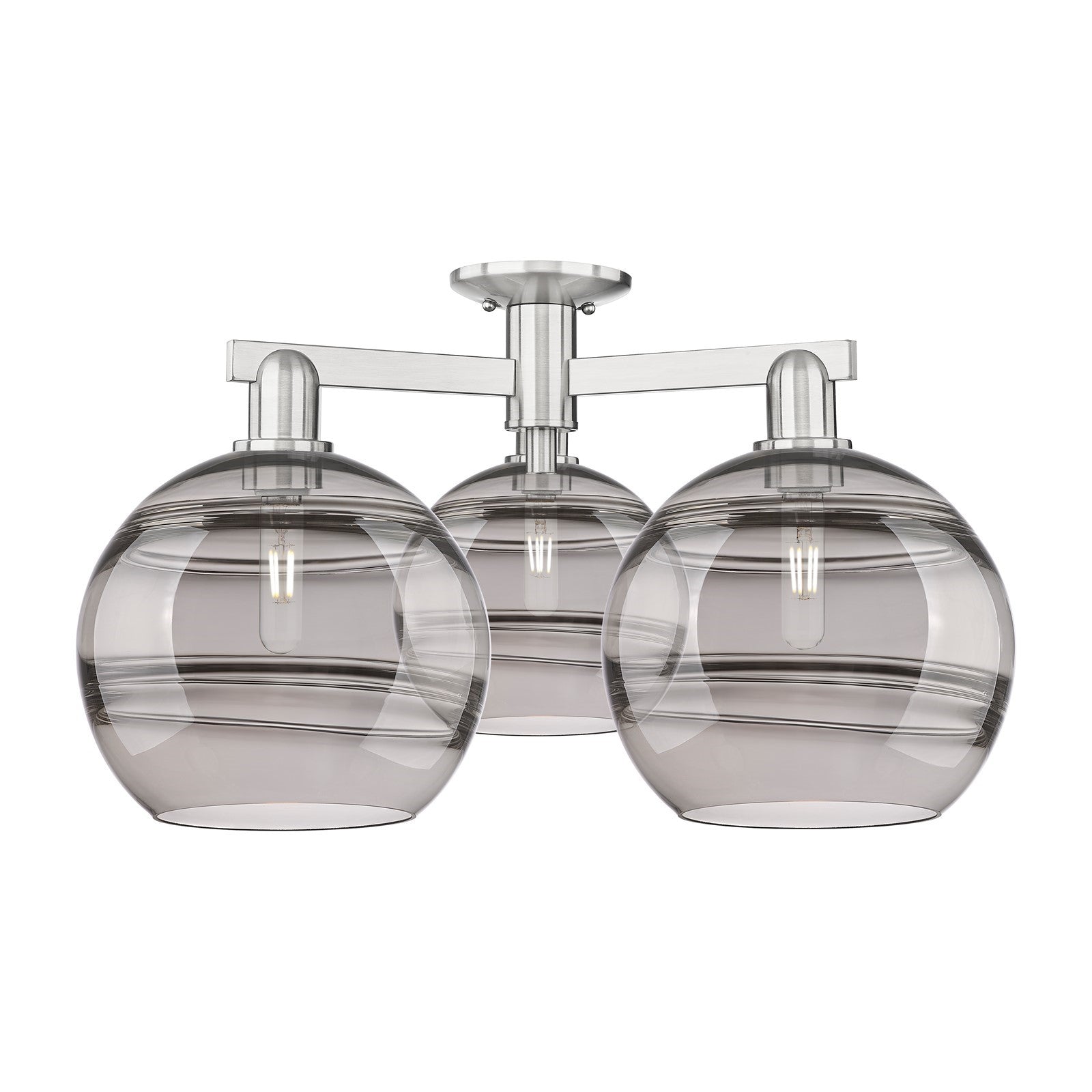 Innovations Rochester 28in 3-Light Semi-Flush Mount | Industrial Brushed Satin Nickel Steel and Light Smoke Glass | Living | Model 716-3F-SN-G556-10SM