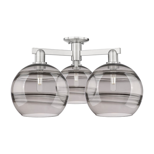 Innovations Rochester 28in 3-Light Semi-Flush Mount | Industrial Brushed Satin Nickel Steel and Light Smoke Glass | Living | Model 716-3F-SN-G556-10SM