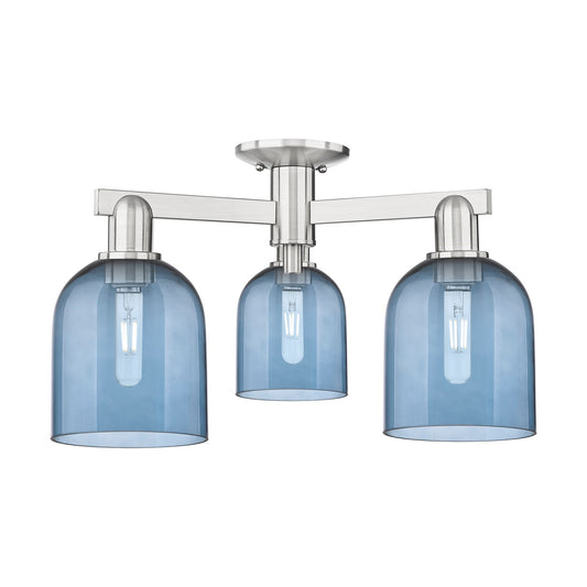Innovations Bella 23in 3-Light Semi-Flush Mount | Industrial Brushed Satin Nickel and Blue Glass | Kitchen & Hallway | 23 x 11 | Model 716-3F-SN-G558-6BL