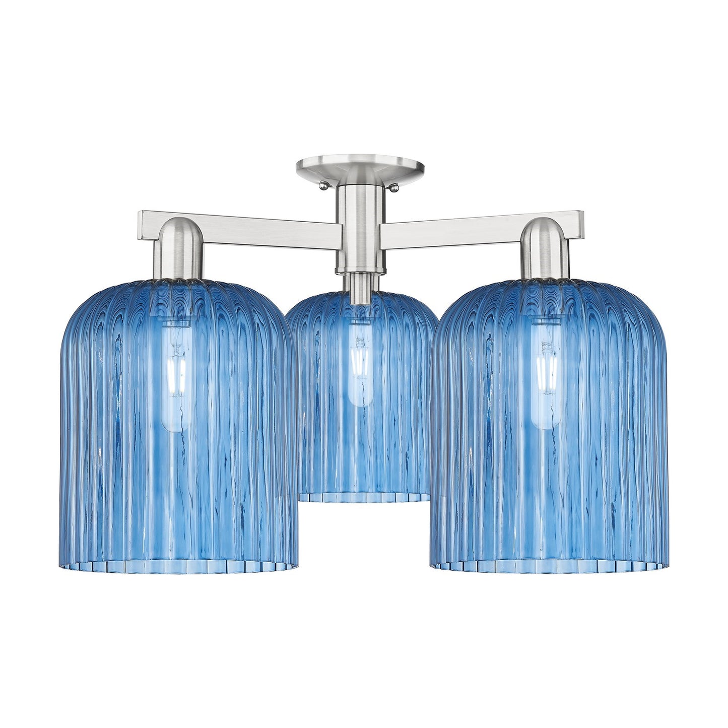 Innovations Bridal Veil 26in 3-Light Semi-Flush Mount | Industrial Brushed Satin Nickel and Princess Blue Ribbed Glass | Model 716-3F-SN-G559-8BL