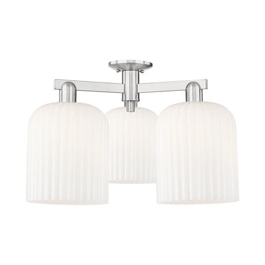 Innovations Bridal Veil 26in 3-Light Semi-Flush Mount | Industrial Brushed Satin Nickel and Gloss White Ribbed Glass | Model 716-3F-SN-G559-8GWH