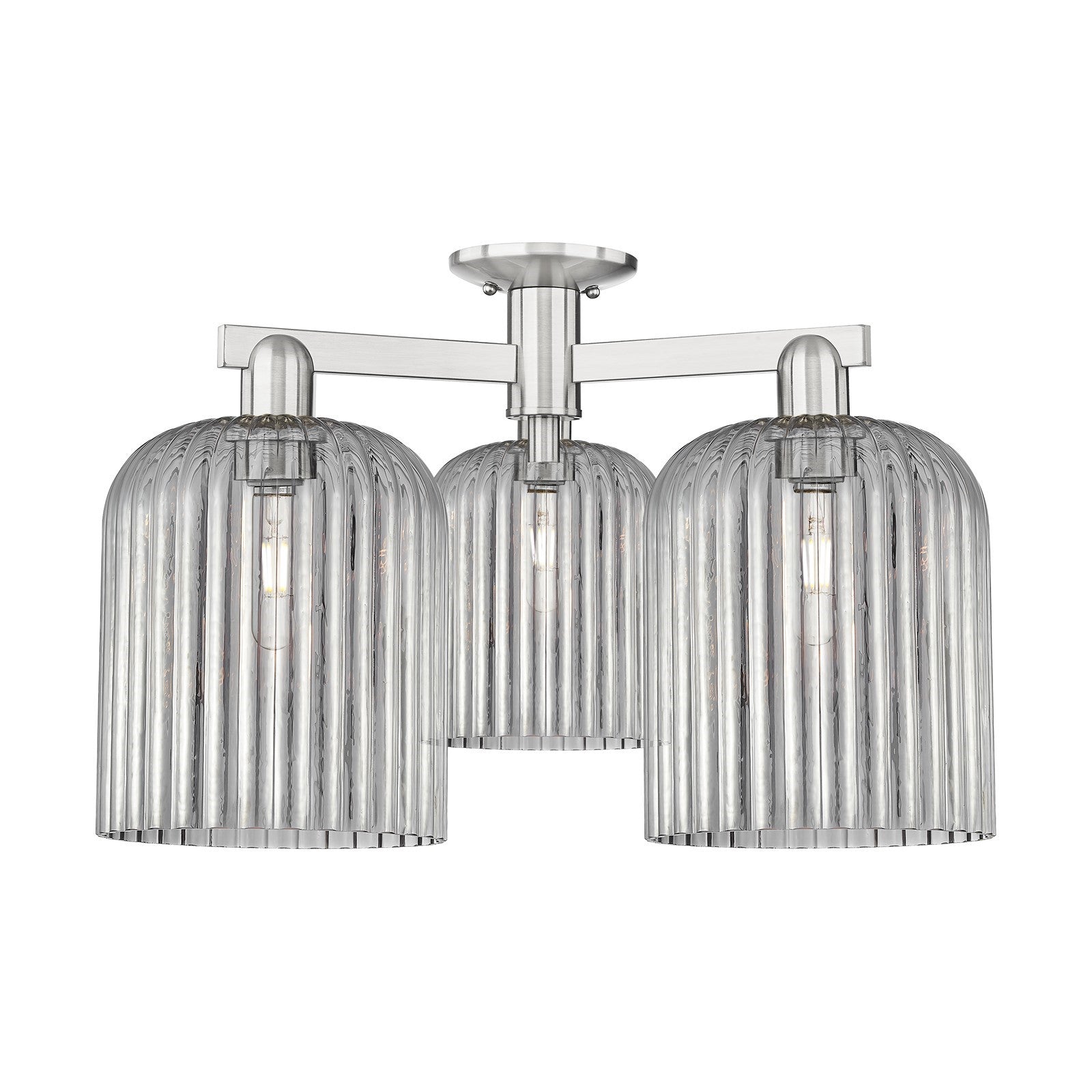 Innovations Bridal Veil 26in 3-Light Semi-Flush Mount | Industrial Brushed Satin Nickel and Light Smoke Ribbed Glass | Living | Model 716-3F-SN-G559-8SM