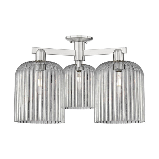 Innovations Bridal Veil 26in 3-Light Semi-Flush Mount | Industrial Brushed Satin Nickel and Light Smoke Ribbed Glass | Living | Model 716-3F-SN-G559-8SM