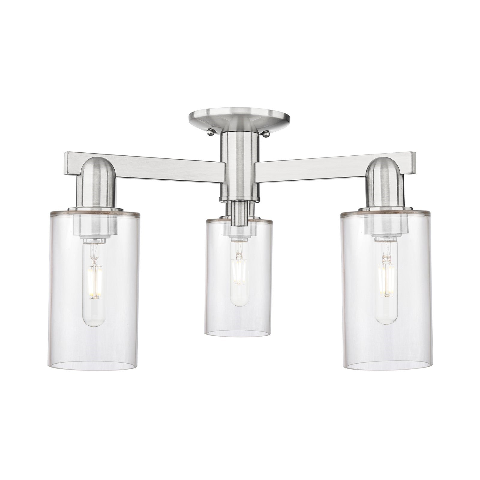 Innovations Clymer 21in 3-Light Semi-Flush Mount | Industrial Brushed Satin Nickel Steel and Clear Glass | Living Room & Hallway | Model 716-3F-SN-G802