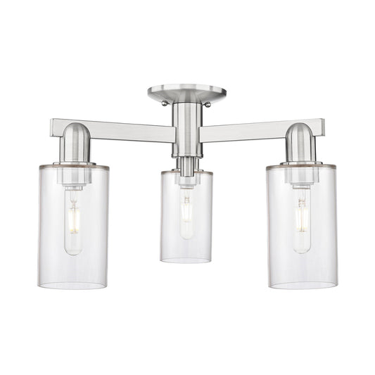 Innovations Clymer 21in 3-Light Semi-Flush Mount | Industrial Brushed Satin Nickel Steel and Clear Glass | Living Room & Hallway | Model 716-3F-SN-G802