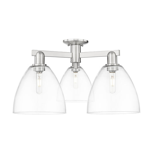 Innovations Bristol 27in 3-Light Semi-Flush Mount | Industrial Brushed Satin Nickel Steel and Clear Glass Dome Shade | Living | Model 716-3F-SN-GBD-92