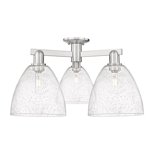 Innovations Bristol 27in 3-Light Semi-Flush Mount | Industrial Brushed Satin Nickel Steel and Seedy Glass | Living Room & Hallway | Model 716-3F-SN-GBD-94