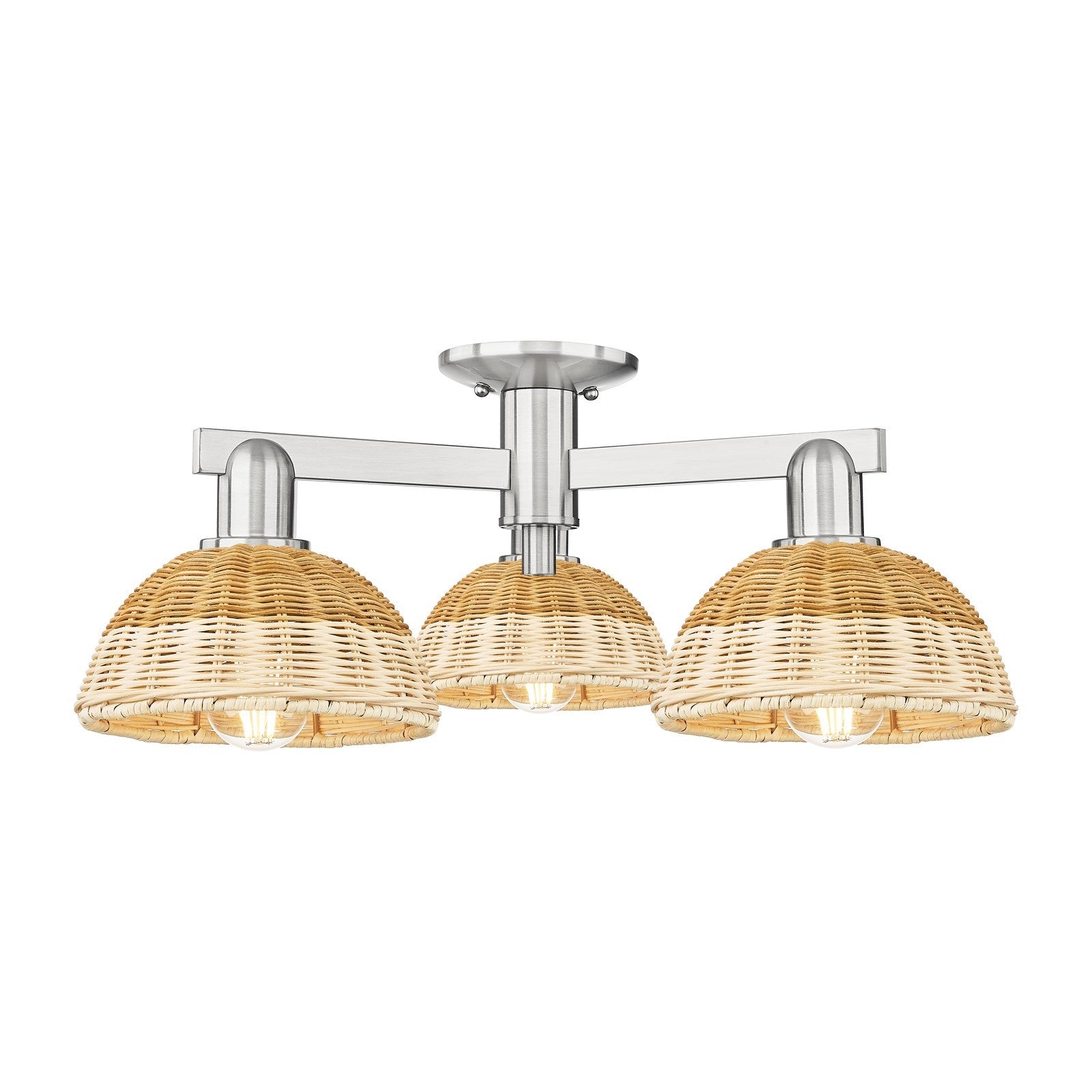 Innovations Natural Ballston Dome 25in 3-Light Semi-Flush Mount | Farmhouse Brushed Satin Nickel and Natural Fiber | Model 716-3F-SN-NBD2-75-NAT
