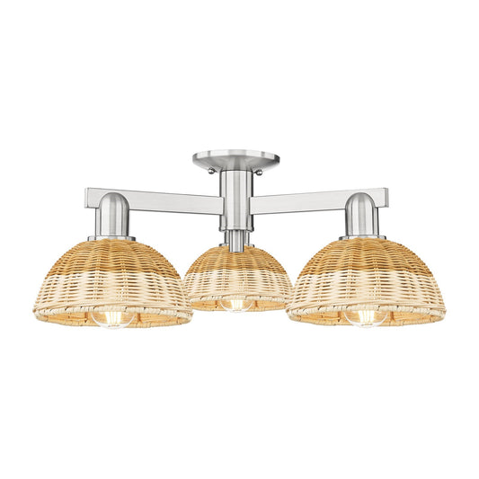 Innovations Natural Ballston Dome 25in 3-Light Semi-Flush Mount | Farmhouse Brushed Satin Nickel and Natural Fiber | Model 716-3F-SN-NBD2-75-NAT