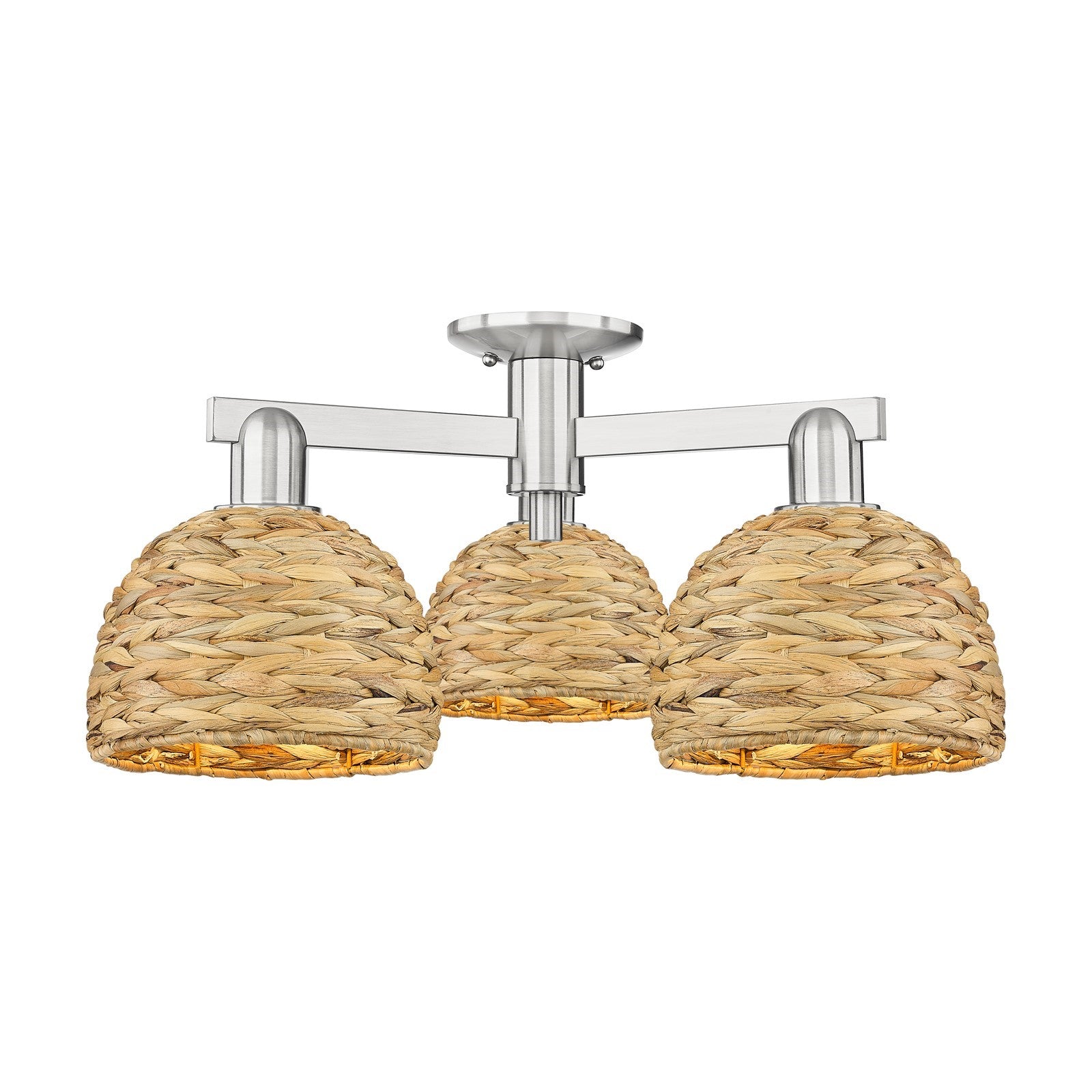 Innovations Arcadia 26in 3-Light Semi-Flush Mount | Industrial Brushed Satin Nickel and Natural Rattan Dome Shade | Entryway & | Model 716-3F-SN-RBD-8-NAT