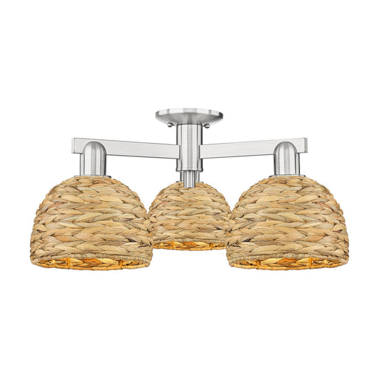 Innovations Arcadia 26in 3-Light Semi-Flush Mount | Industrial Brushed Satin Nickel and Natural Rattan Dome Shade | Entryway & | Model 716-3F-SN-RBD-8-NAT