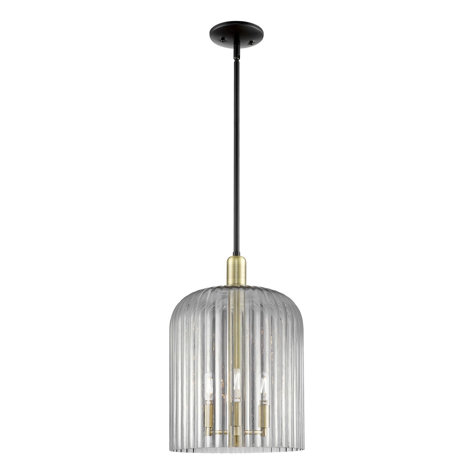 Innovations Bridal Veil 12in 1-Light Mini Pendant | Industrial Black Antique Brass Steel and Light Smoke Ribbed Glass | Model 716-3S-BAB-G559-12SM