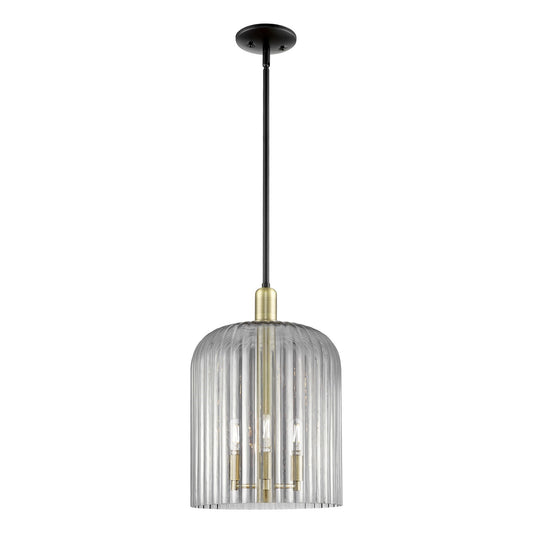 Innovations Bridal Veil 12in 1-Light Mini Pendant | Industrial Black Antique Brass Steel and Light Smoke Ribbed Glass | Model 716-3S-BAB-G559-12SM