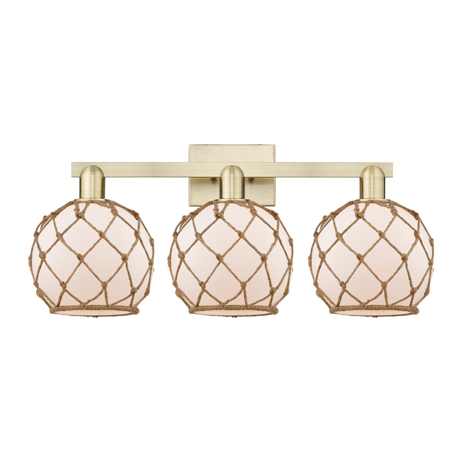 Innovations Farmhouse Rope 27in 3-Light Bath Vanity | Industrial Antique Brass Steel and White Frosted Glass with Brown Rope | Model 716-3W-AB-G121-8RB