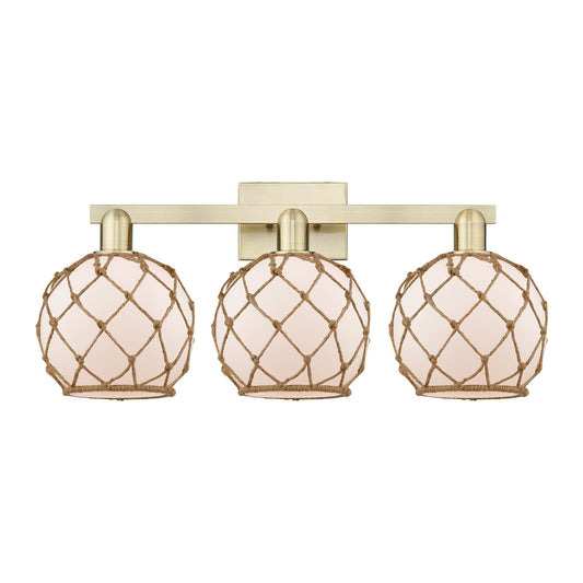 Innovations Farmhouse Rope 27in 3-Light Bath Vanity | Industrial Antique Brass Steel and White Frosted Glass with Brown Rope | Model 716-3W-AB-G121-8RB