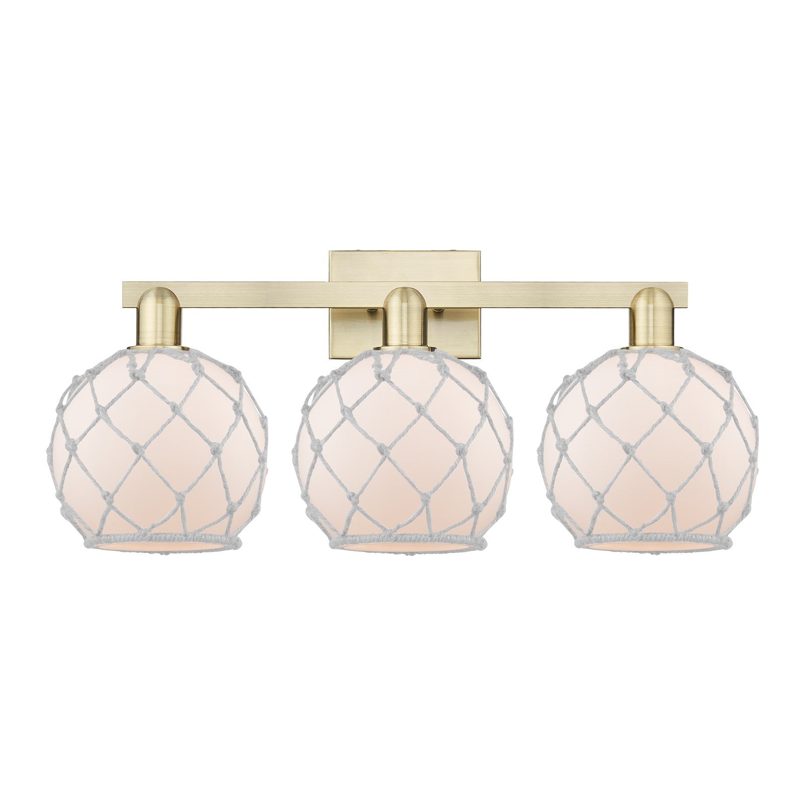 Innovations Farmhouse Rope 27in 3-Light Bath Vanity Light | Industrial Antique Brass Steel and White Frosted Glass with Rope | Model 716-3W-AB-G121-8RW