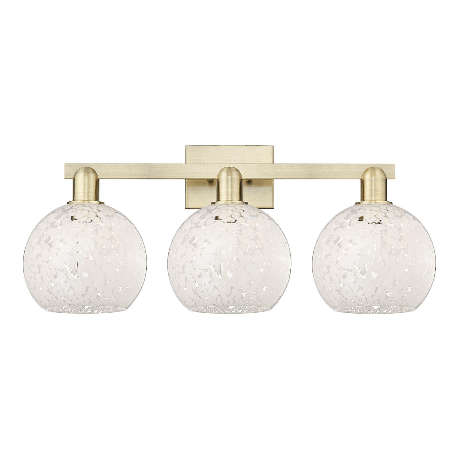 Innovations Lighting White Mouchette 27in 3-Light Bath Vanity Light | Industrial Antique Brass and White Mouchette Glass | Model 716-3W-AB-G1216-8WM