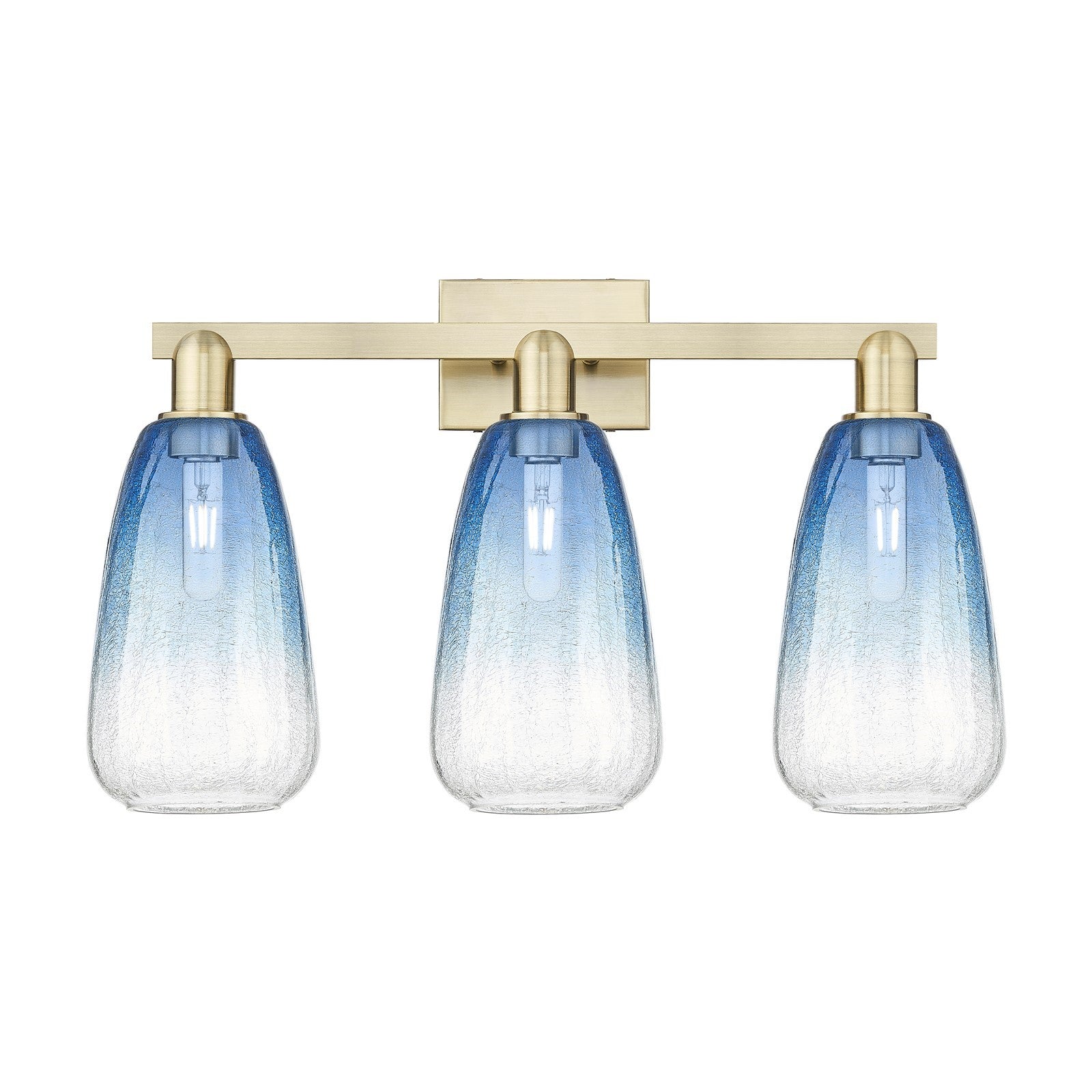 Innovations Brookhaven Almond 25in 3-Light Bath Vanity Light | Industrial Antique Brass and Sapphire Blue Glass | Bathroom | Model 716-3W-AB-G480-6SB
