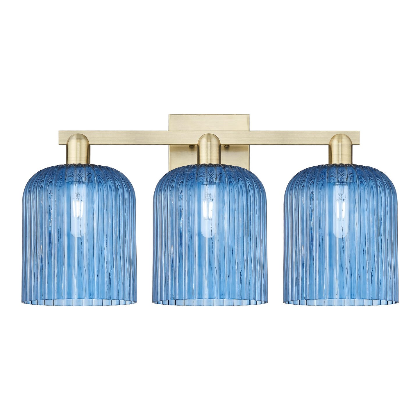 Innovations Bridal Veil 27in 3-Light Bath Vanity Light | Industrial Antique Brass and Princess Blue Ribbed Glass | Bathroom | Model 716-3W-AB-G559-8BL