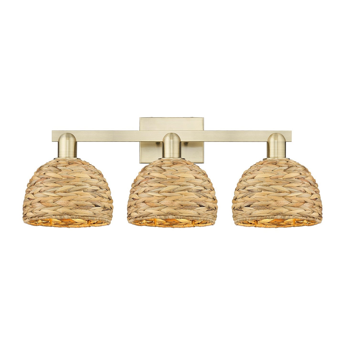 Innovations Woven Rattan 27in 3-Light Bath Vanity Light | Industrial Antique Brass and Natural Fiber Dome Shade | Bathroom | Model 716-3W-AB-RBD-8-NAT