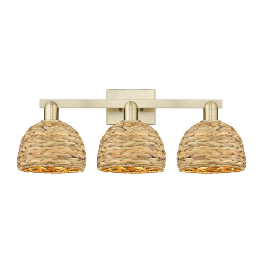 Innovations Woven Rattan 27in 3-Light Bath Vanity Light | Industrial Antique Brass and Natural Fiber Dome Shade | Bathroom | Model 716-3W-AB-RBD-8-NAT