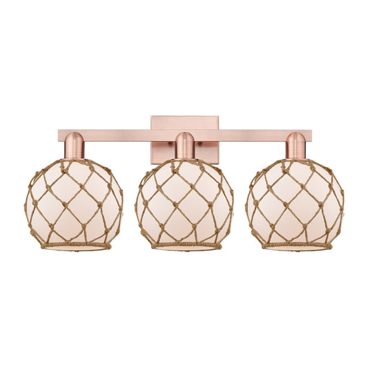 Innovations Farmhouse Rope 27in 3-Light Bath Vanity Light | Industrial Antique Copper Steel and White Frosted Glass with Brown | Model 716-3W-AC-G121-8RB