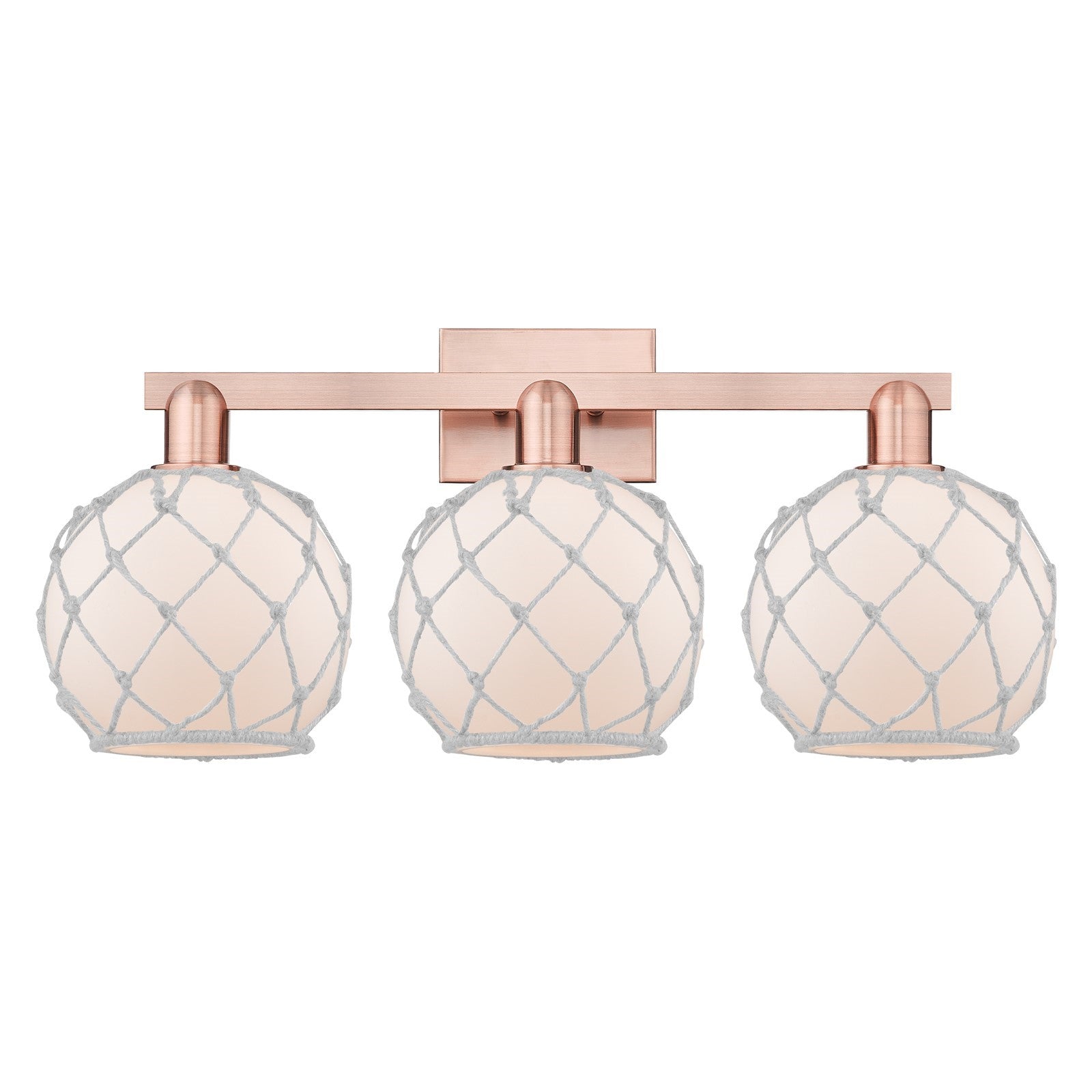 Innovations Farmhouse Rope 27in 3-Light Bath Vanity | Industrial Antique Copper Steel and White Frosted Glass with Rope | Model 716-3W-AC-G121-8RW