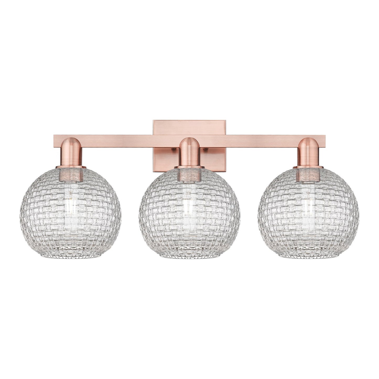 Innovations Athens 27in 3-Light Bath Vanity Light | Industrial Antique Copper Steel and Clear Basket Weave Glass | Bathroom | Model 716-3W-AC-G122C-8CL
