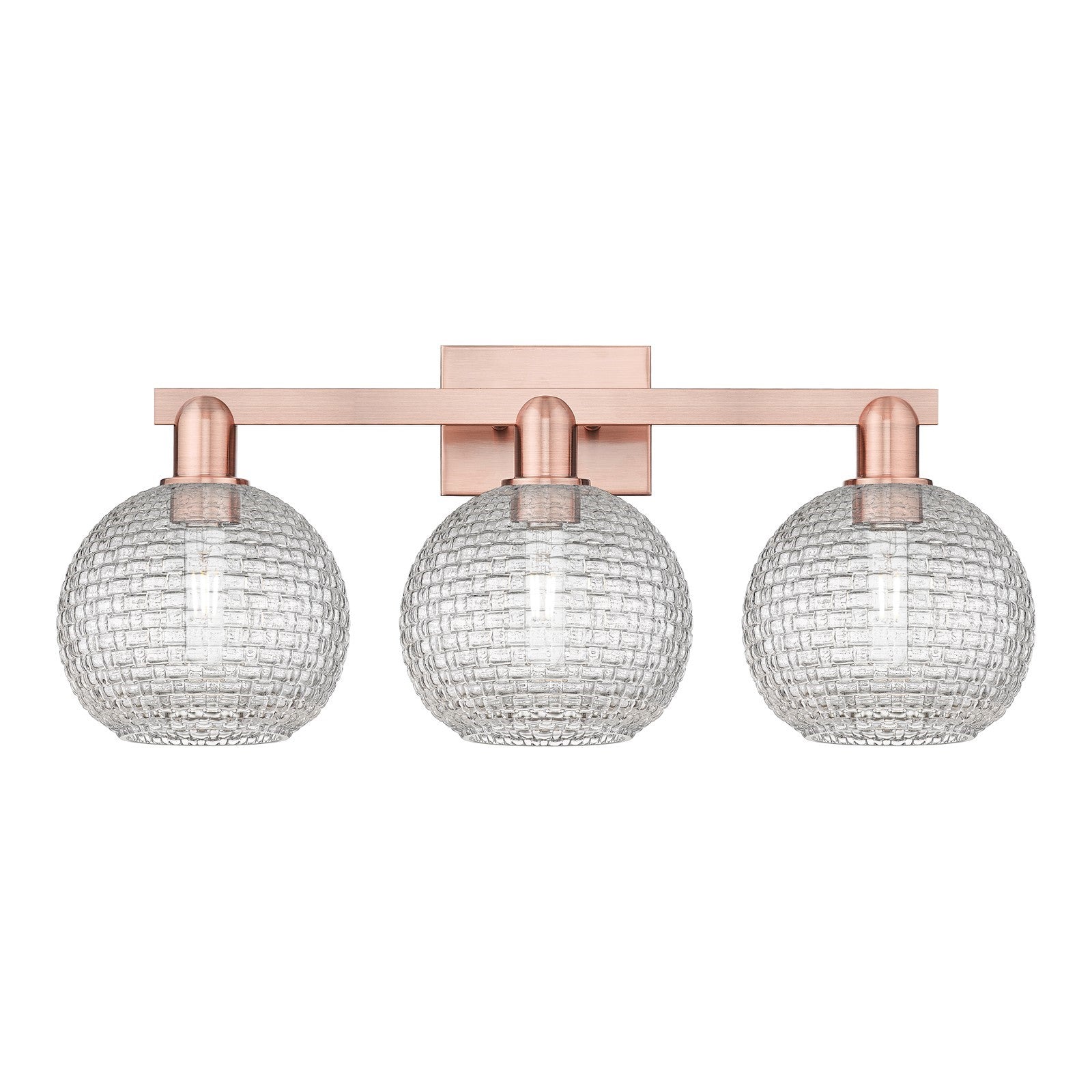 Innovations Athens 27in 3-Light Bath Vanity Light | Industrial Antique Copper Steel and Clear Basket Weave Glass | Bathroom | Model 716-3W-AC-G122C-8CL