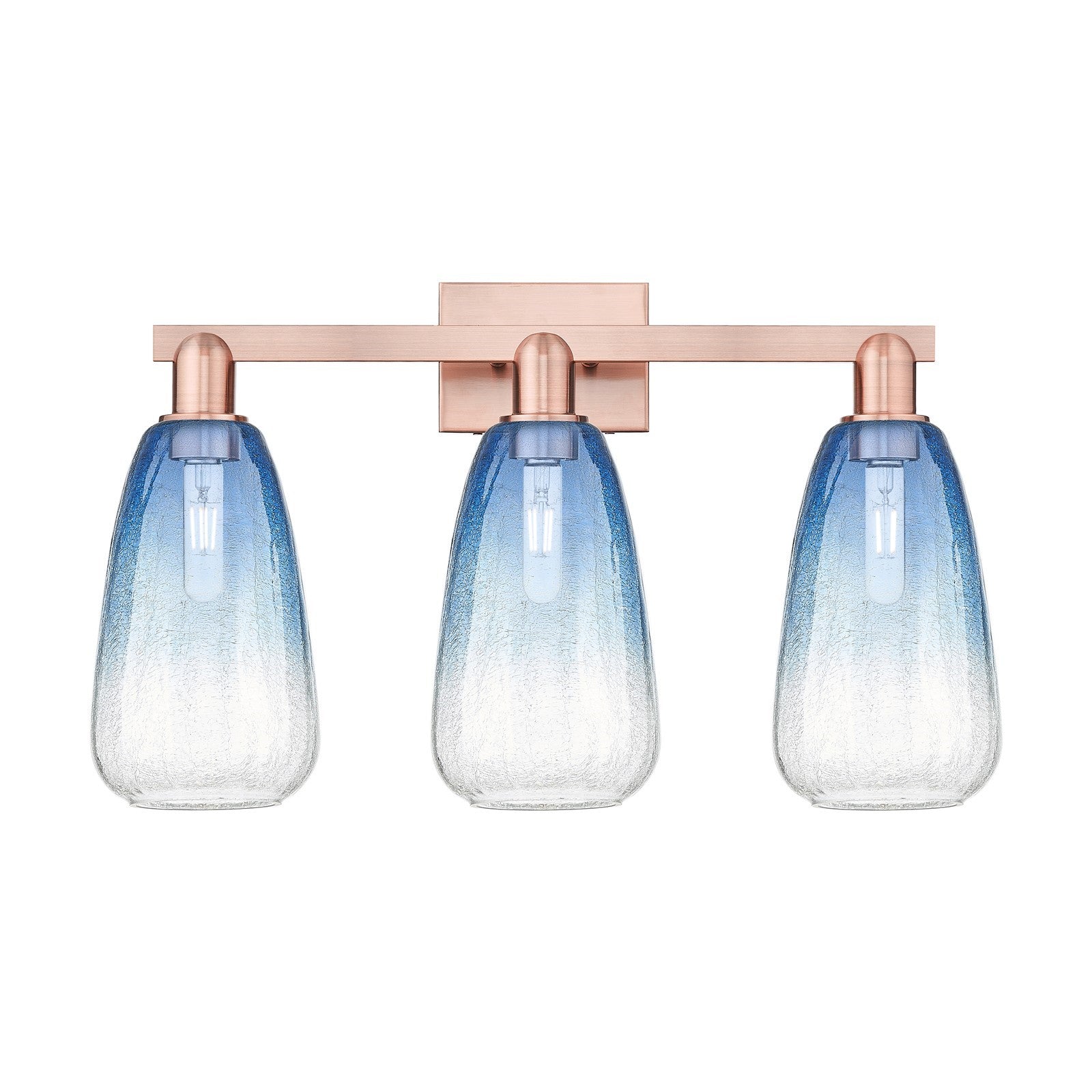 Innovations Brookhaven Almond 25in 3-Light Bath Vanity Light | Industrial Antique Copper Steel and Sapphire Blue Glass | Model 716-3W-AC-G480-6SB