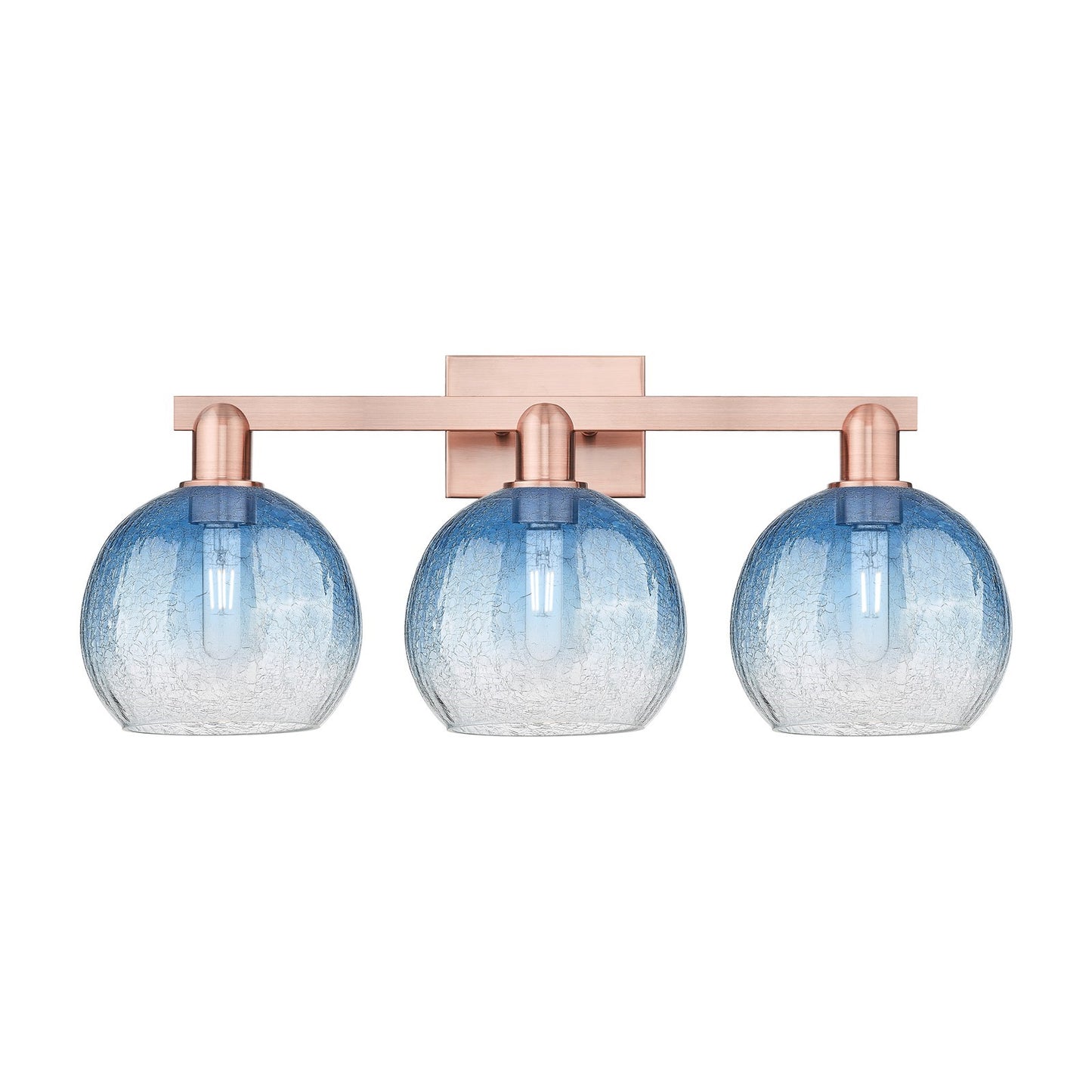 Innovations Brookhaven Globe 27in 3-Light Bath Vanity Light | Industrial Antique Copper and Sapphire Blue Glass | Bathroom | Model 716-3W-AC-G483-8SB