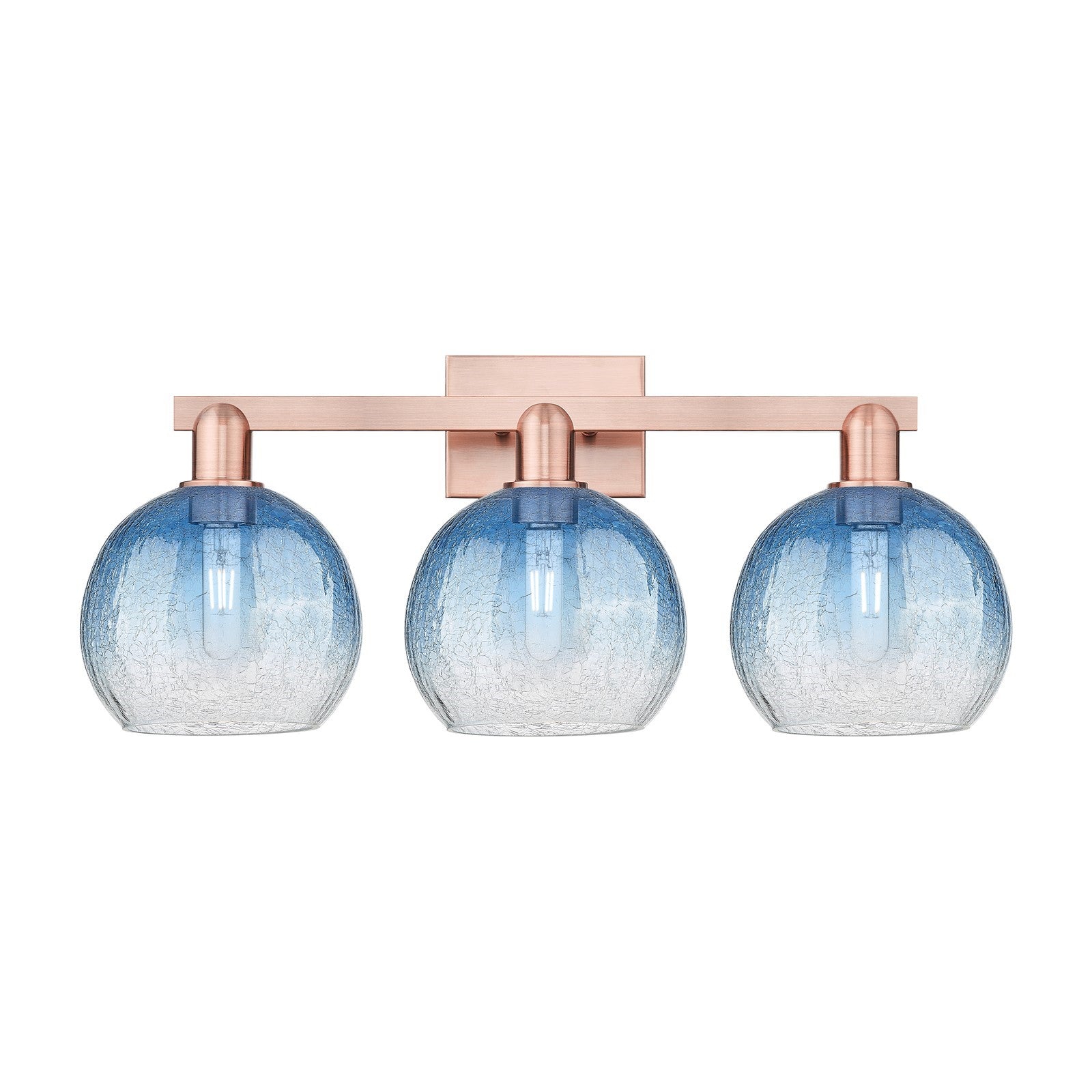 Innovations Brookhaven Globe 27in 3-Light Bath Vanity Light | Industrial Antique Copper and Sapphire Blue Glass | Bathroom | Model 716-3W-AC-G483-8SB