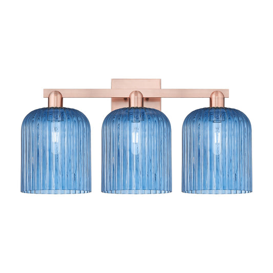 Innovations Bridal Veil 27in 3-Light Bath Vanity Light | Industrial Antique Copper Steel and Princess Blue Ribbed Glass | Model 716-3W-AC-G559-8BL
