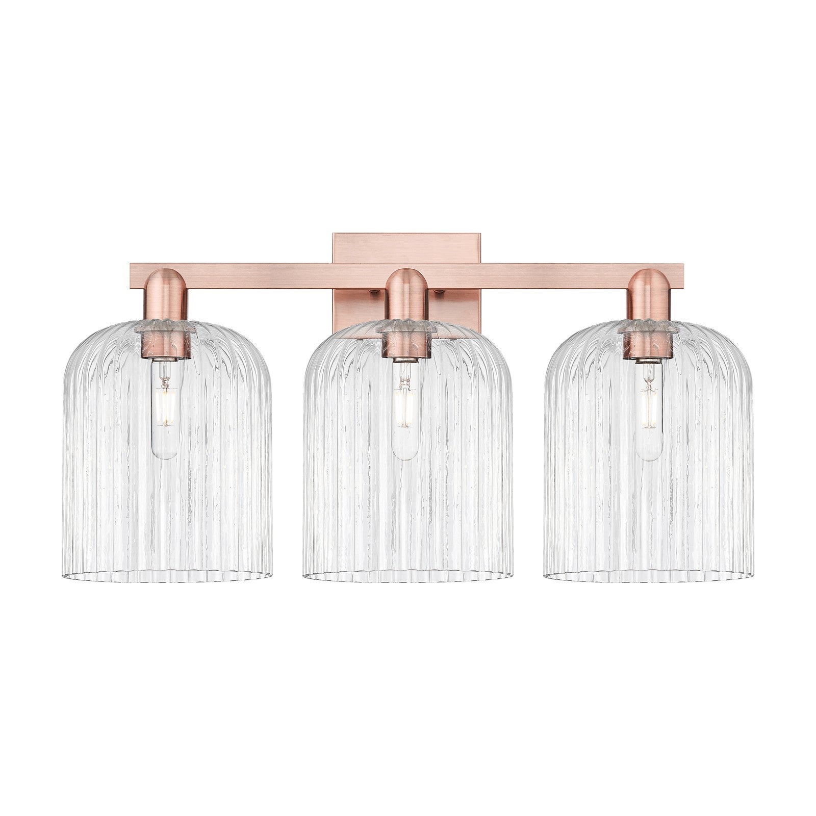 Innovations Bridal Veil 27in 3-Light Bath Vanity | Industrial Antique Copper and Clear Ribbed Glass | Damp Rated Bathroom | Model 716-3W-AC-G559-8CL