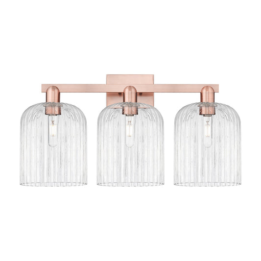 Innovations Bridal Veil 27in 3-Light Bath Vanity | Industrial Antique Copper and Clear Ribbed Glass | Damp Rated Bathroom | Model 716-3W-AC-G559-8CL