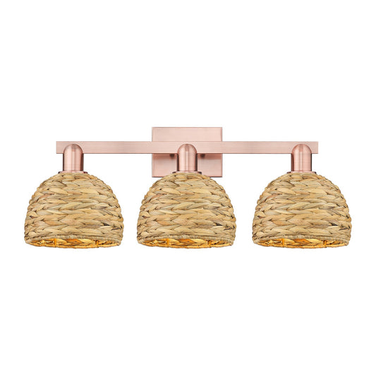Innovations Woven Rattan 27in 3-Light Bath Vanity Light | Industrial Antique Copper and Natural Fiber Shade | Bathroom Vanity | Model 716-3W-AC-RBD-8-NAT