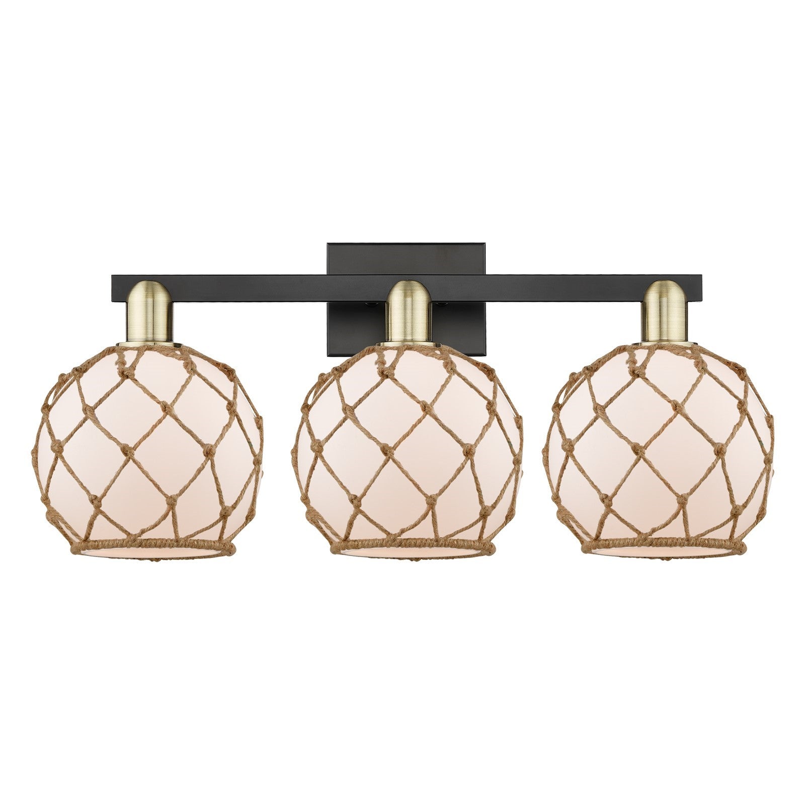 Innovations Farmhouse Rope 27in 3-Light Bath Vanity Light | Industrial Black Antique Brass and White Glass with Brown Rope | Model 716-3W-BAB-G121-8RB