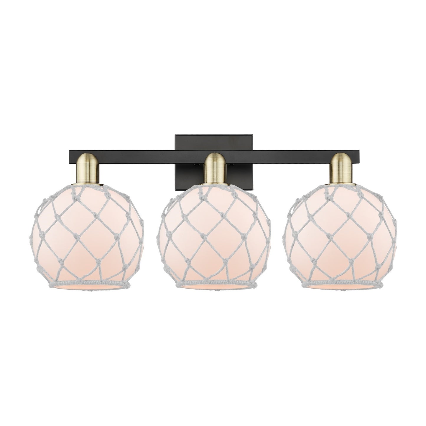 Innovations Farmhouse Rope 27in 3-Light Bath Vanity Light | Industrial Black Antique Brass and White Glass with Rope Shade | Model 716-3W-BAB-G121-8RW