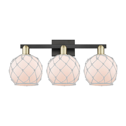 Innovations Farmhouse Rope 27in 3-Light Bath Vanity Light | Industrial Black Antique Brass and White Glass with Rope Shade | Model 716-3W-BAB-G121-8RW