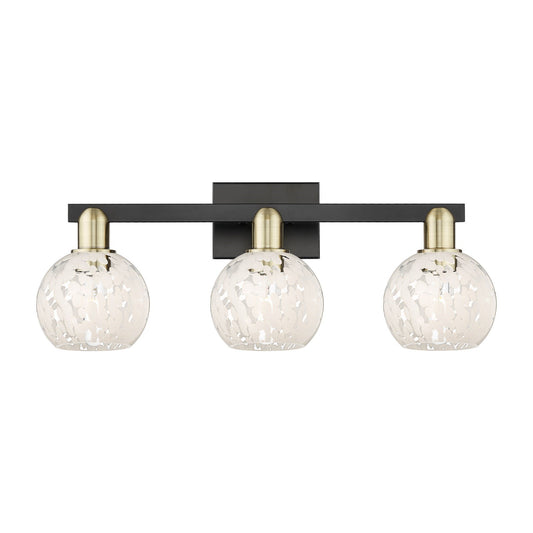 Innovations White Mouchette 25in 3-Light Bath Vanity Light | Industrial Black Antique Brass and White Glass | Kitchen Island | Model 716-3W-BAB-G1216-6WM