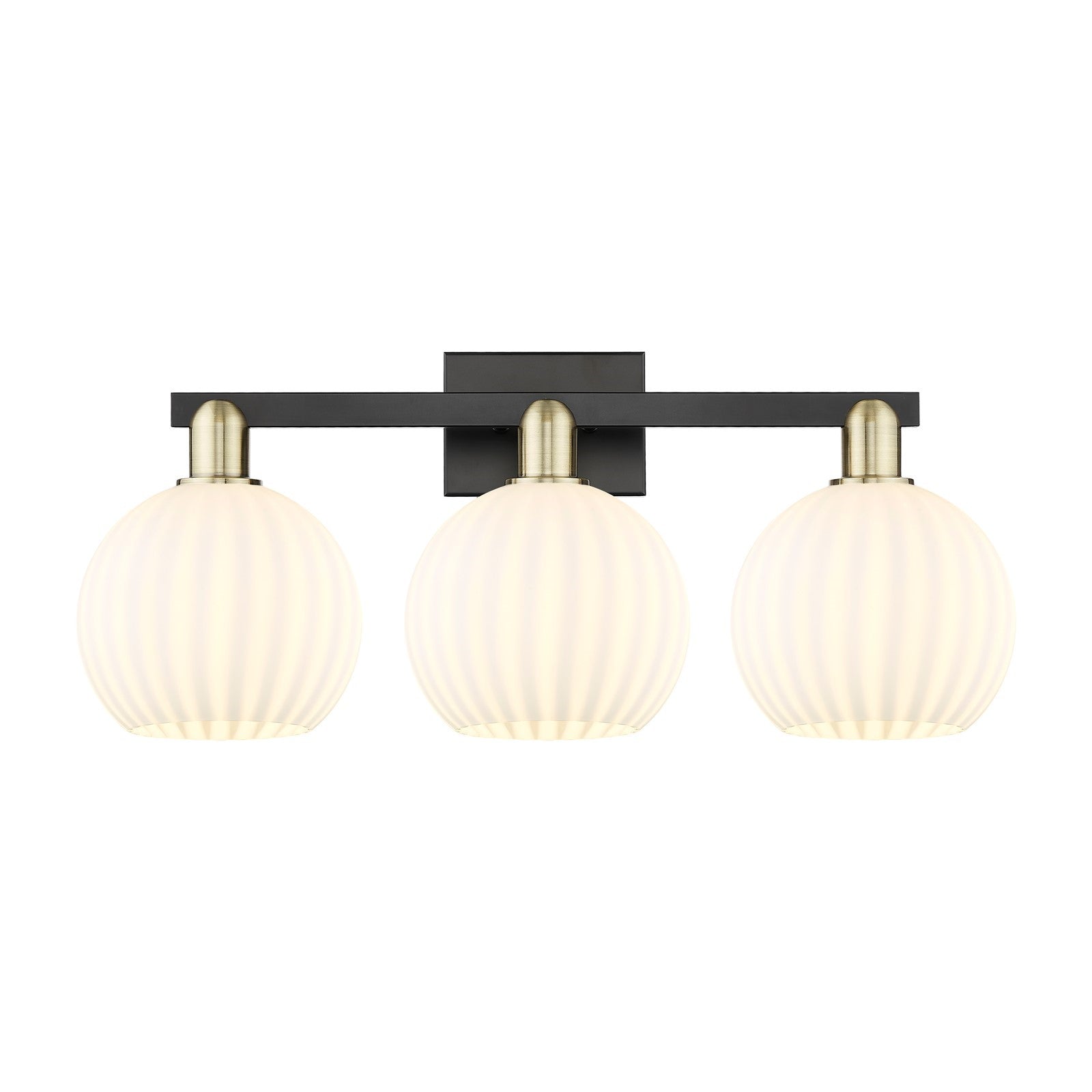 Innovations Lighting Arcadia 27in 3-Light Bath Vanity Light | Industrial Black Antique Brass and White Venetian Glass | Model 716-3W-BAB-G1217-8WV