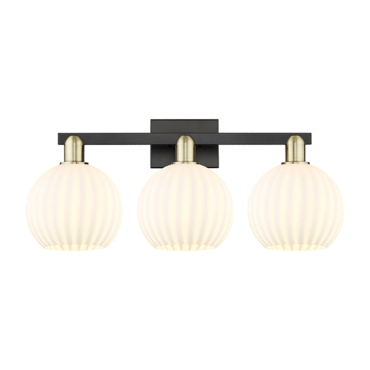 Innovations Lighting Arcadia 27in 3-Light Bath Vanity Light | Industrial Black Antique Brass and White Venetian Glass | Model 716-3W-BAB-G1217-8WV