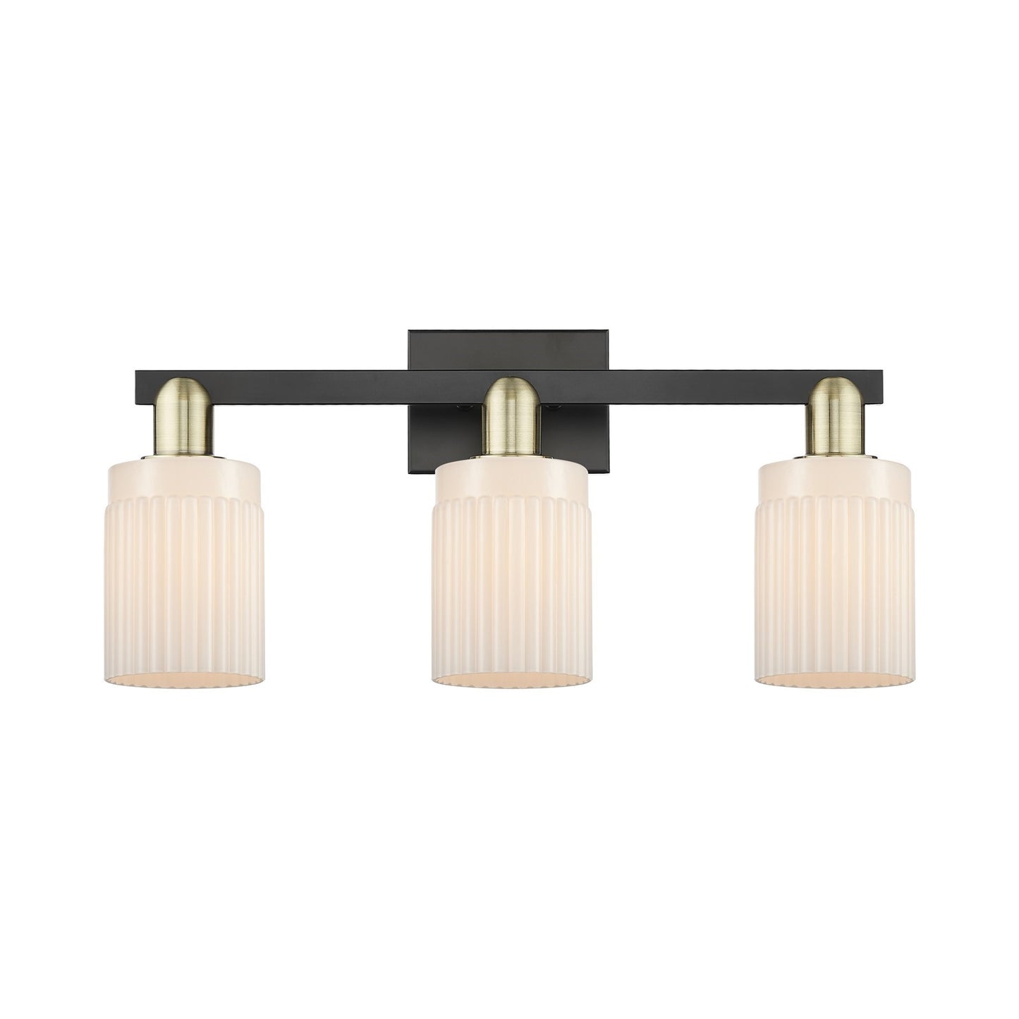 Innovations Hadley 24in 3-Light Bath Vanity | Industrial Black Antique Brass and Matte White Ribbed Glass | Bathroom Vanity Light | Model 716-3W-BAB-G341