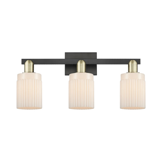 Innovations Hadley 24in 3-Light Bath Vanity | Industrial Black Antique Brass and Matte White Ribbed Glass | Bathroom Vanity Light | Model 716-3W-BAB-G341