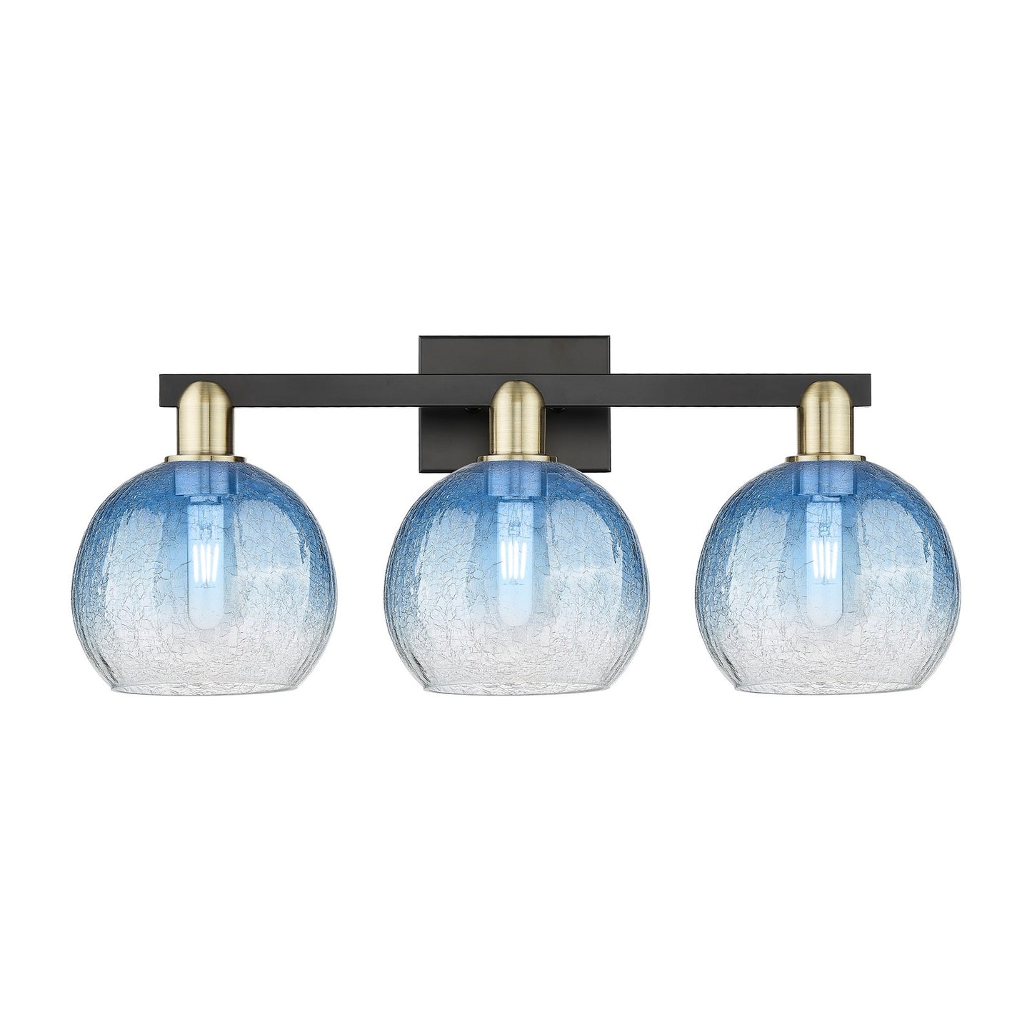 Innovations Brookhaven Globe 27in 3-Light Bath Vanity Light | Industrial Black Antique Brass and Sapphire Blue Glass | Model 716-3W-BAB-G483-8SB