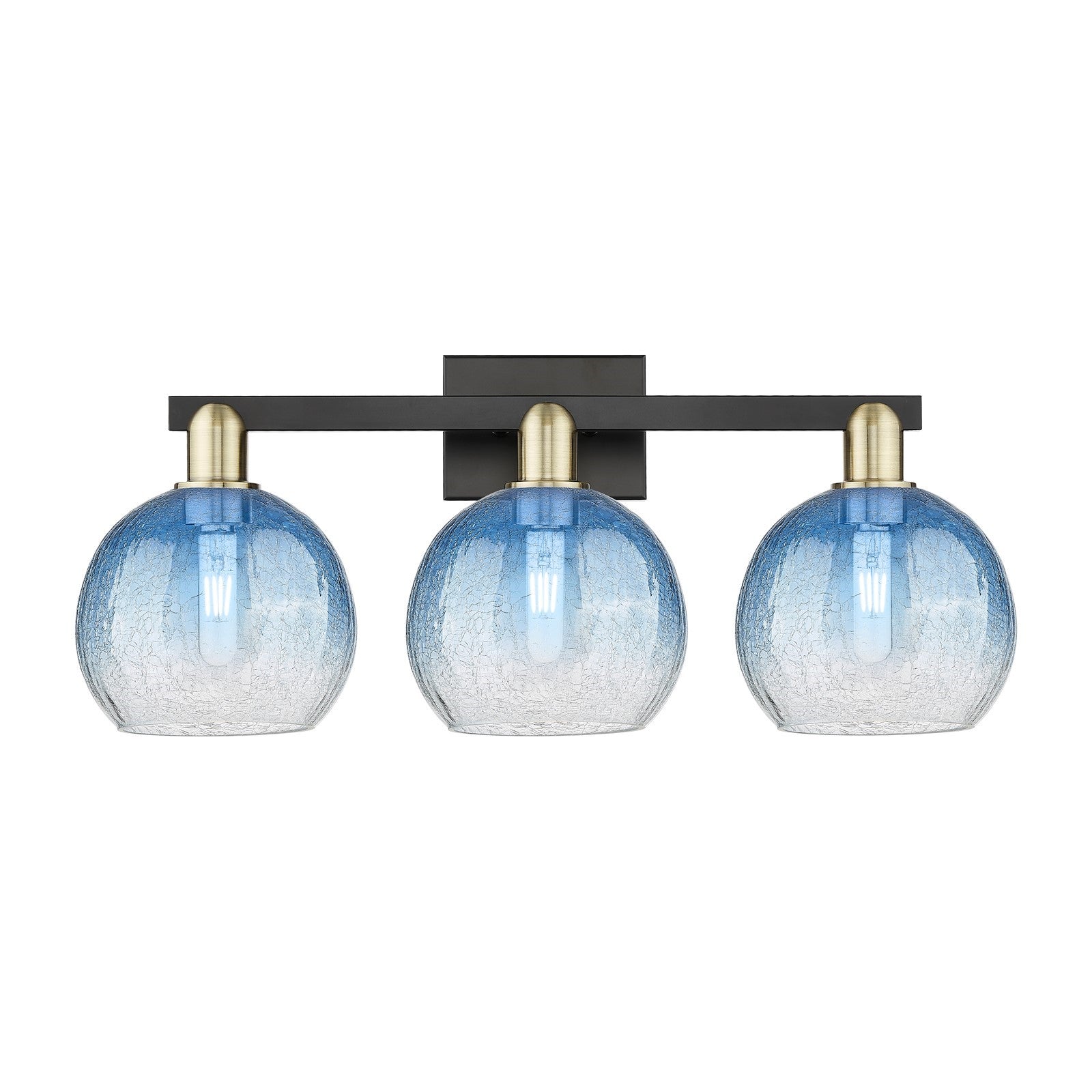 Innovations Brookhaven Globe 27in 3-Light Bath Vanity Light | Industrial Black Antique Brass and Sapphire Blue Glass | Model 716-3W-BAB-G483-8SB