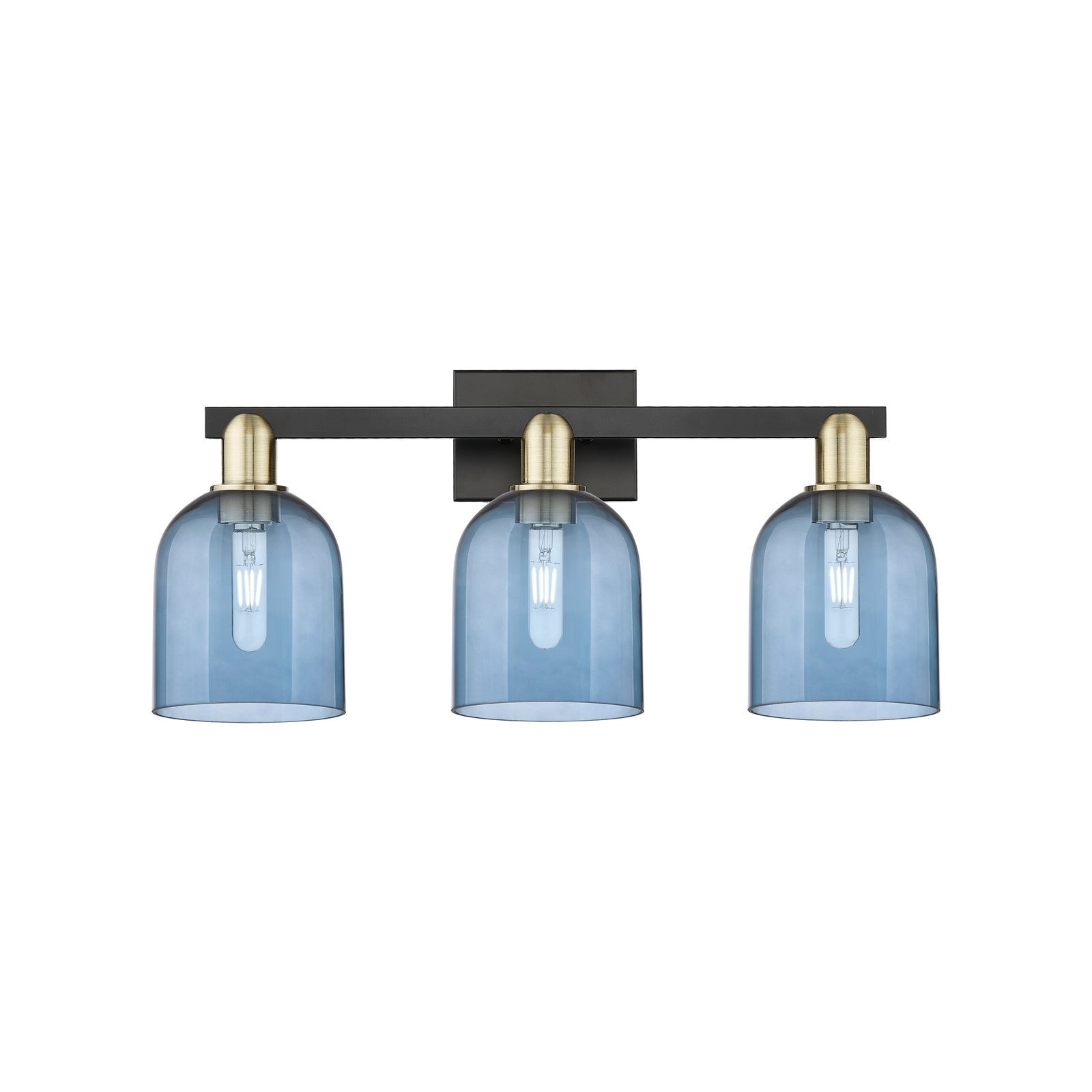 Innovations Bella 24.5in 3-Light Bath Vanity Light | Industrial Black Antique Brass Steel and Blue Glass | Bathroom Vanity | Model 716-3W-BAB-G558-6BL
