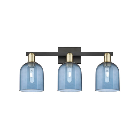Innovations Bella 24.5in 3-Light Bath Vanity Light | Industrial Black Antique Brass Steel and Blue Glass | Bathroom Vanity | Model 716-3W-BAB-G558-6BL