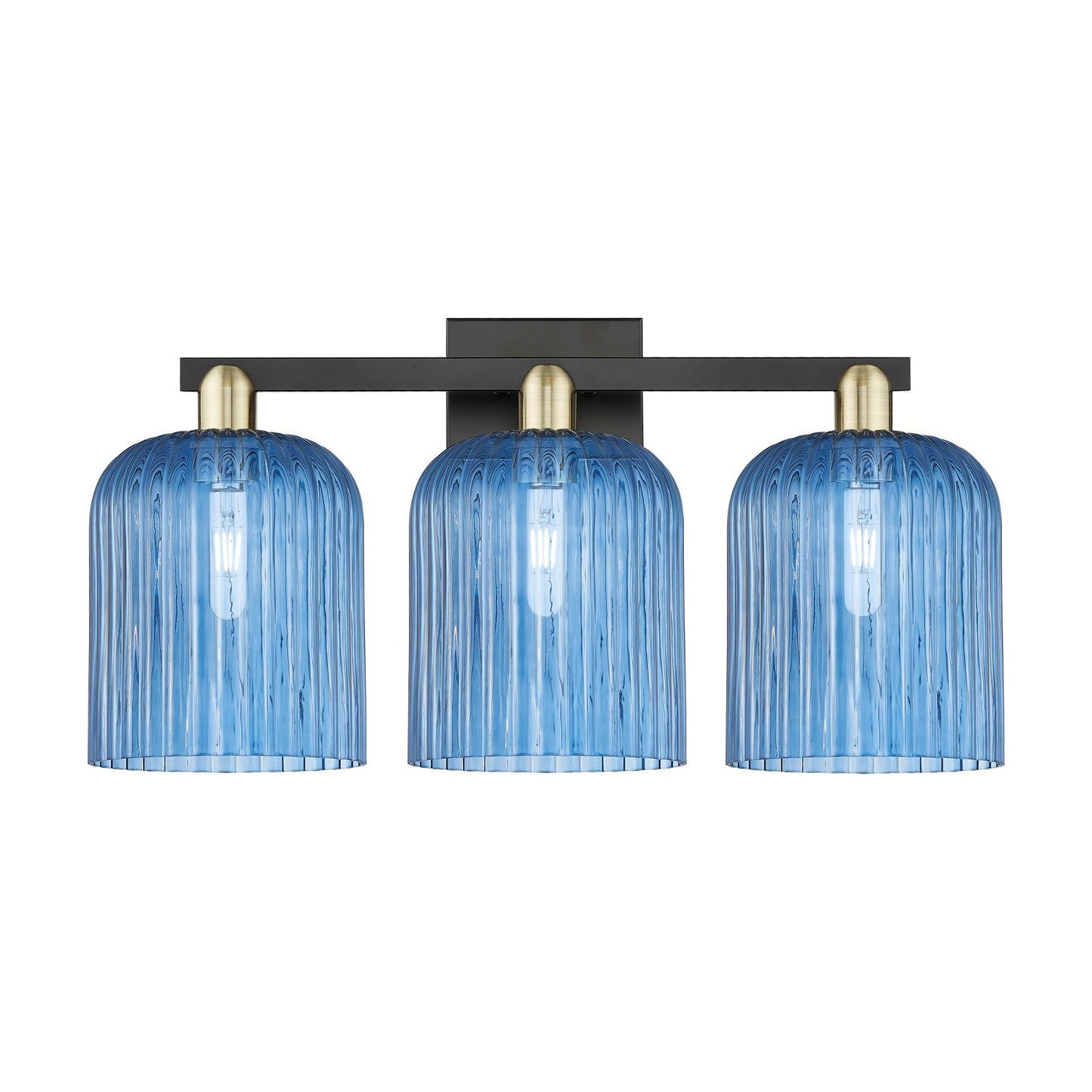 Innovations Bridal Veil 27in 3-Light Bath Vanity Light | Industrial Black Antique Brass and Princess Blue Ribbed Glass | Model 716-3W-BAB-G559-8BL