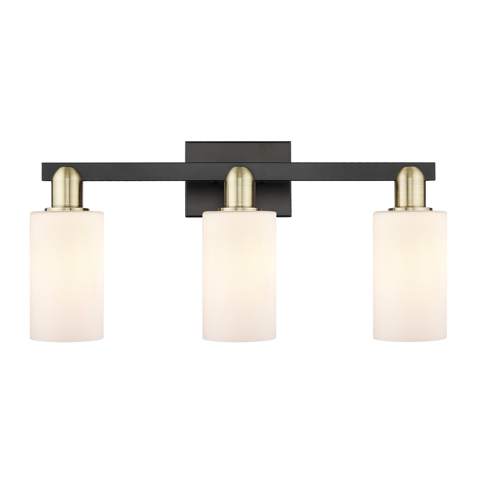 Innovations Clymer 23in 3-Light Bath Vanity | Industrial Black Antique Brass and Matte White Glass | Bathroom Vanity Light | 22.88 | Model 716-3W-BAB-G801